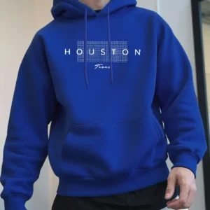 Men's Royal Blue, Army Green Hooded Sweatshirt with Houston Graphic Print