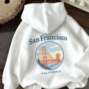 San Francisco  Bridge & California Graphic Pullover Hoodie. White