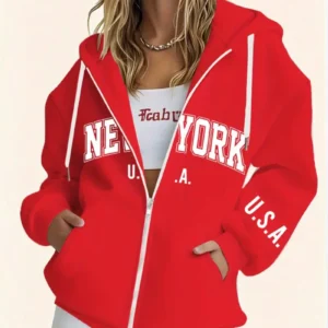 "New York U.S.A." zipped hoodie. Red